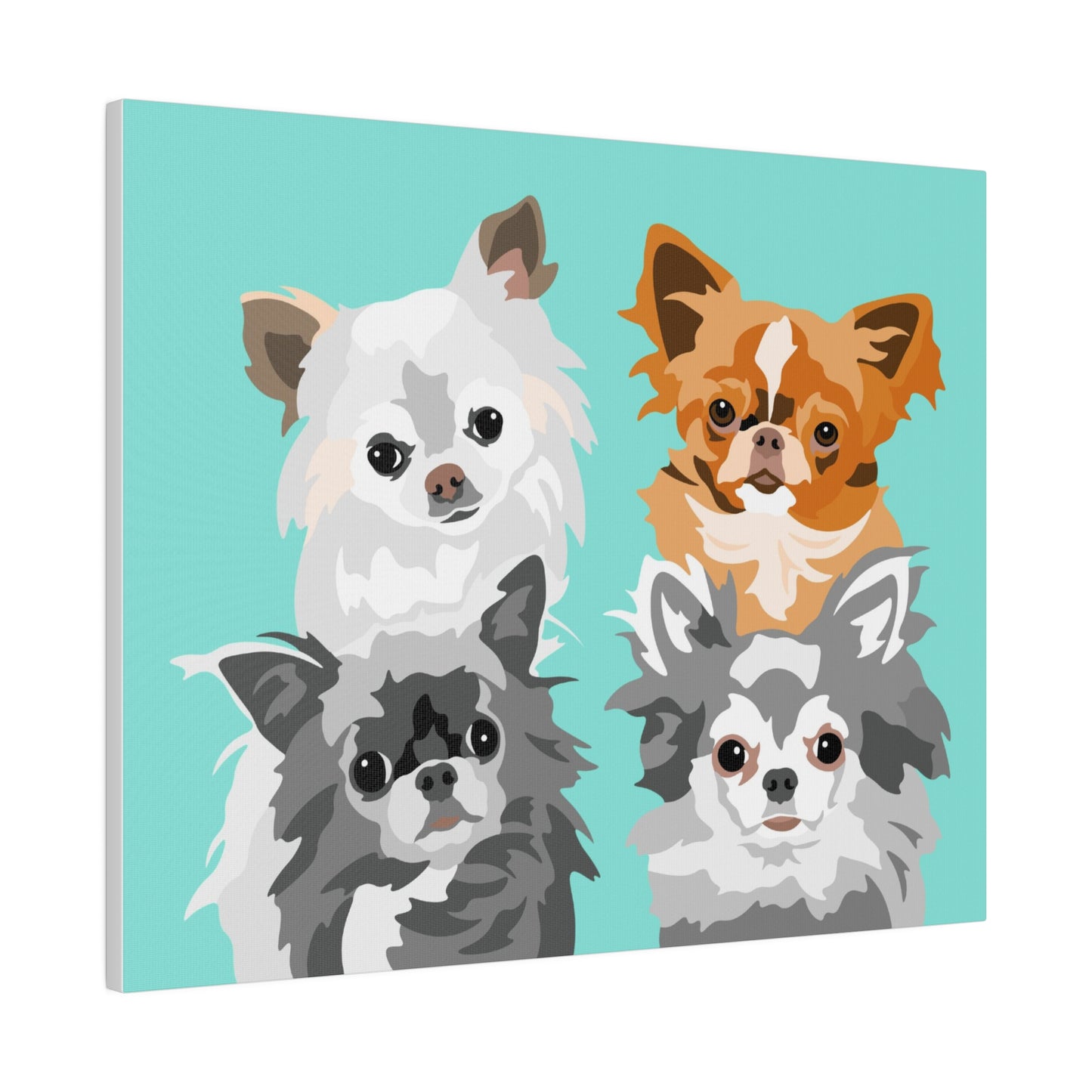 Four Pet Portrait on Canvas - Stacked Design | Teal Background | Custom Hand-Drawn Pet Portrait in Cartoon-Realism Style