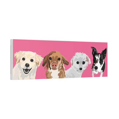 Four Pets Portrait on Canvas - 12"x36" Horizontal | Hot Pink Background | Custom Hand-Drawn Pet Portrait in Cartoon-Realism Style