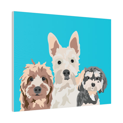 Three Pet Portrait on Canvas - Stacked Design | Caribbean Blue Background | Custom Hand-Drawn Pet Portrait in Cartoon-Realism Style