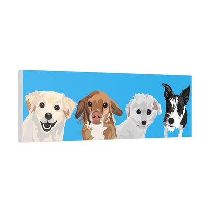 Four Pets Portrait on Canvas - 12"x36" Horizontal | Caribbean Blue Background | Custom Hand-Drawn Pet Portrait in Cartoon-Realism Style