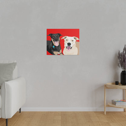 Two Pet Portrait on Canvas | Red Background | Custom Hand-Drawn Pet Portrait in Cartoon-Realism Style