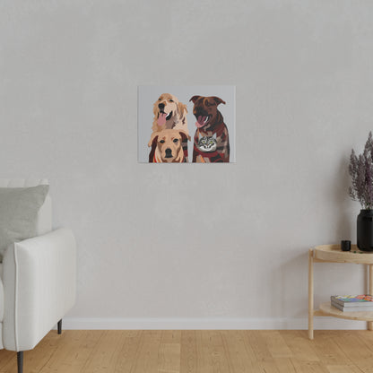 Four Pet Portrait on Canvas - Stacked Design | Light Grey Background | Custom Hand-Drawn Pet Portrait in Cartoon-Realism Style