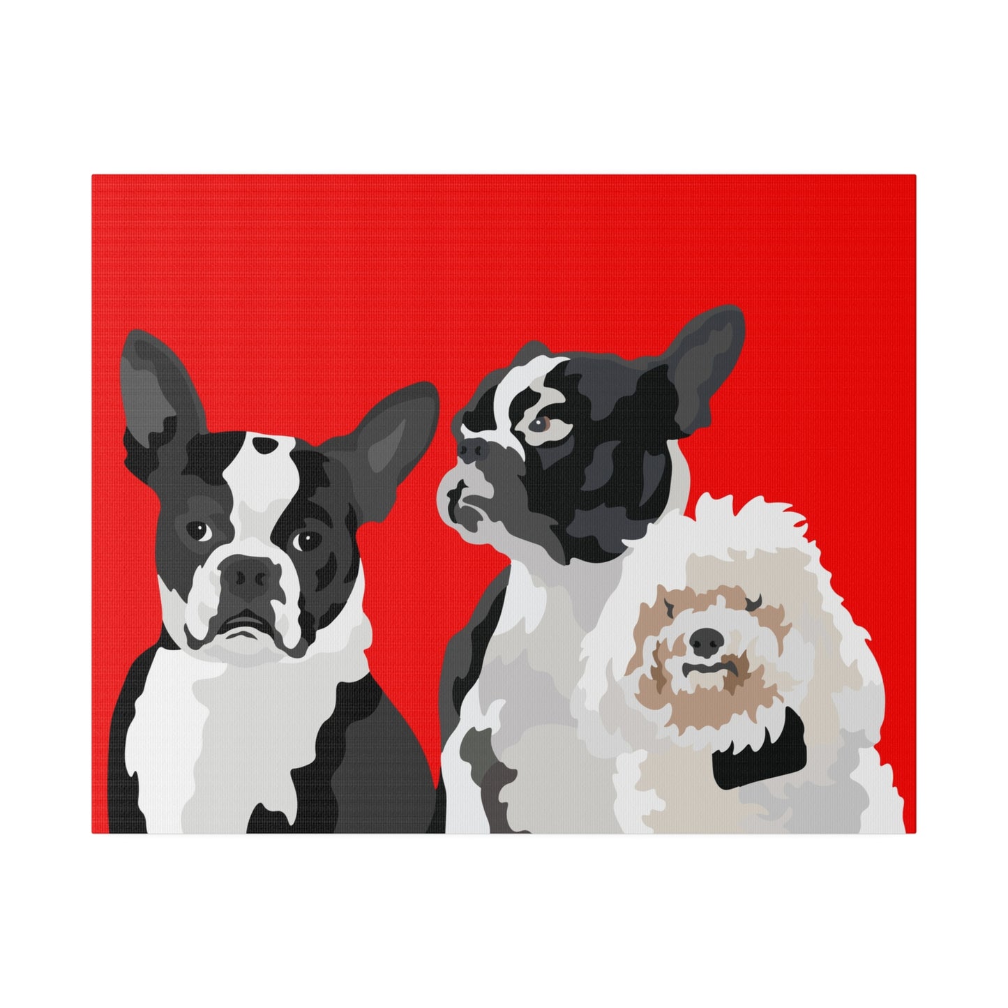 Three Pet Portrait on Canvas - Stacked Design | Red Background | Custom Hand-Drawn Pet Portrait in Cartoon-Realism Style