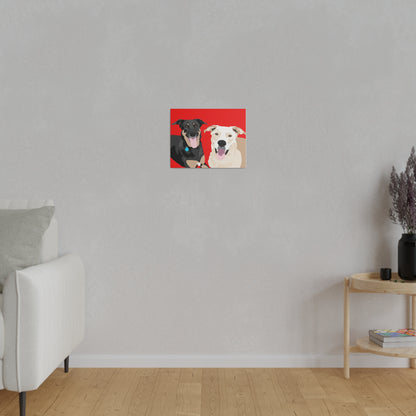 Two Pet Portrait on Canvas | Red Background | Custom Hand-Drawn Pet Portrait in Cartoon-Realism Style