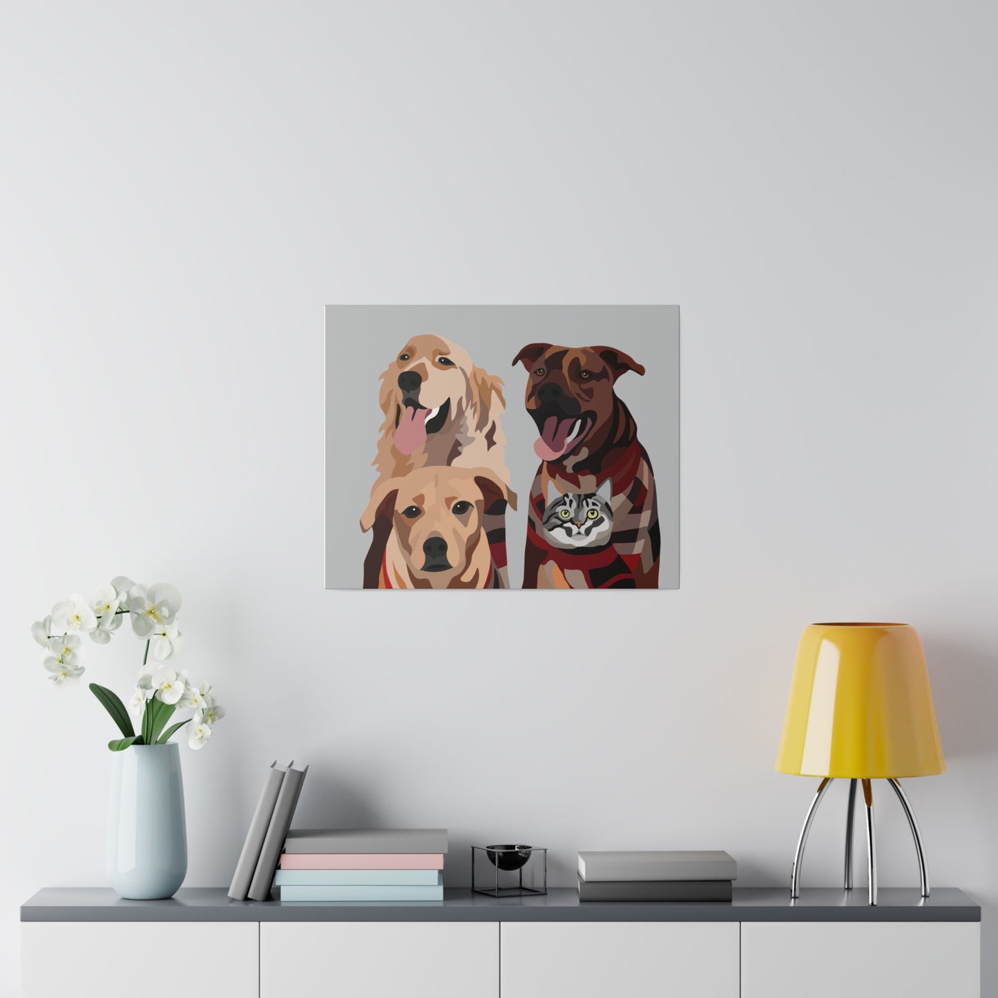 Four Pet Portrait on Canvas - Stacked Design | Light Grey Background | Custom Hand-Drawn Pet Portrait in Cartoon-Realism Style