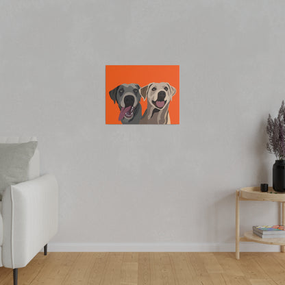 Two Pet Portrait on Canvas | Orange Background | Custom Hand-Drawn Pet Portrait in Cartoon-Realism Style