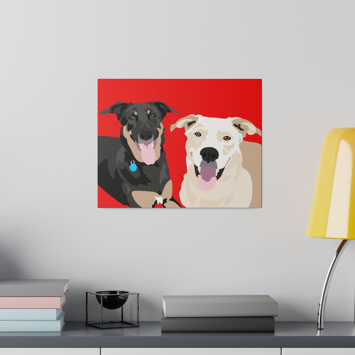 Two Pet Portrait on Canvas | Red Background | Custom Hand-Drawn Pet Portrait in Cartoon-Realism Style