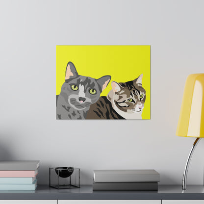 Two Pet Portrait on Canvas | Yellow Background | Custom Hand-Drawn Pet Portrait in Cartoon-Realism Style