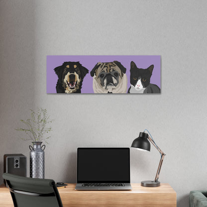 Three Pets Portrait on Canvas - 12"x36" Horizontal  | Lavender Purple Background | Custom Hand-Drawn Pet Portrait in Cartoon-Realism Style