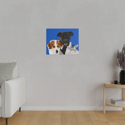 Three Pet Portrait on Canvas - Stacked Design | Royal Blue Background | Custom Hand-Drawn Pet Portrait in Cartoon-Realism Style