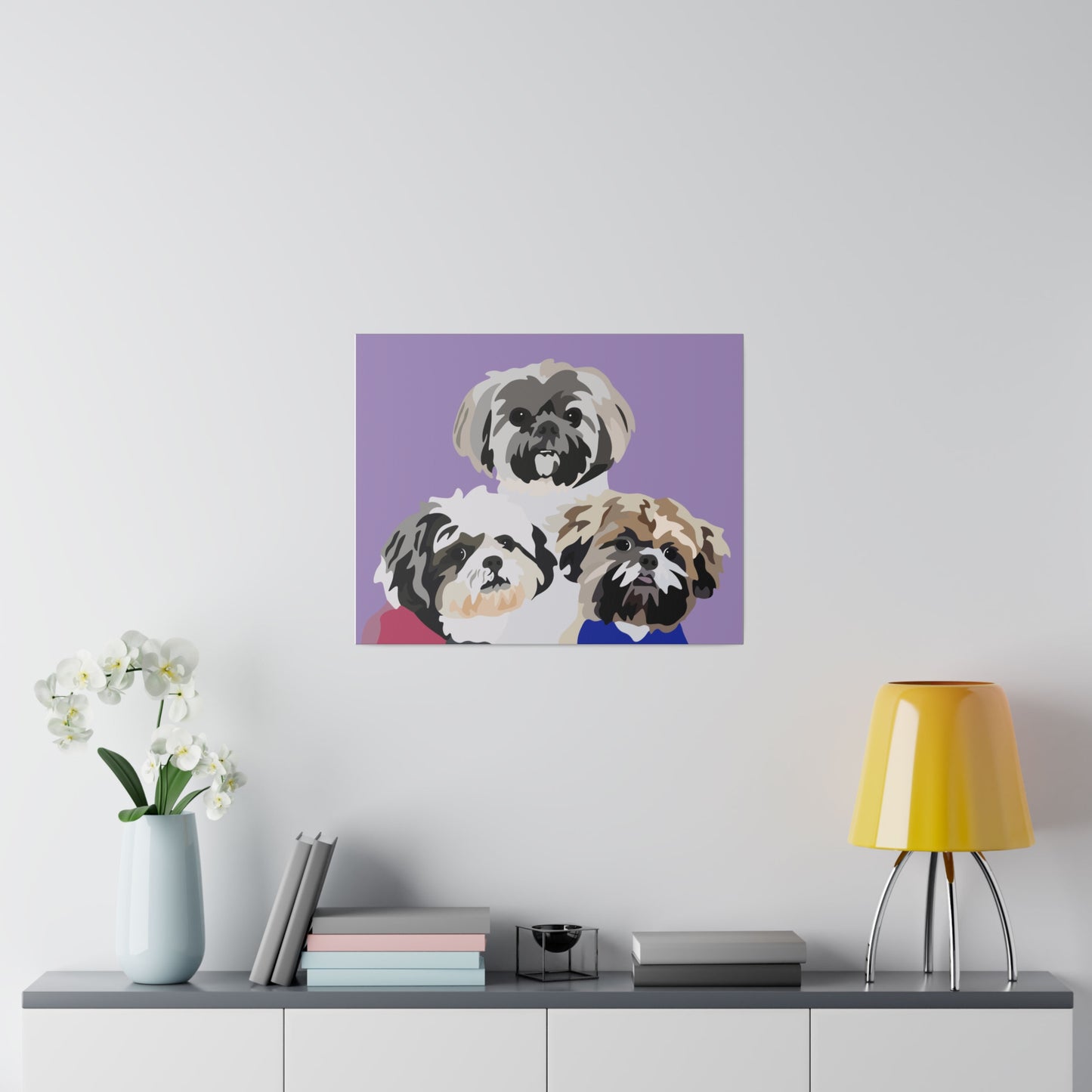 Three Pet Portrait on Canvas - Stacked Design | Lavender Purple Background | Custom Hand-Drawn Pet Portrait in Cartoon-Realism Style