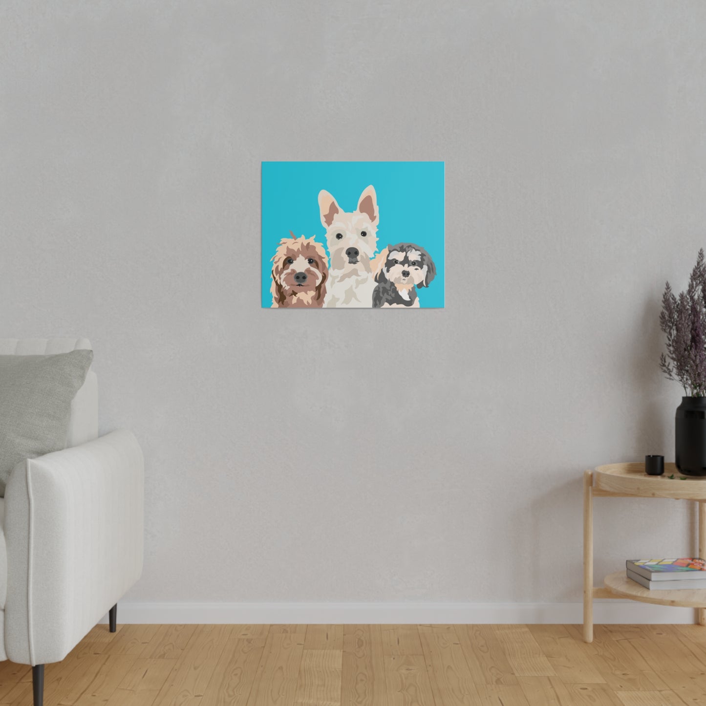 Three Pet Portrait on Canvas - Stacked Design | Caribbean Blue Background | Custom Hand-Drawn Pet Portrait in Cartoon-Realism Style