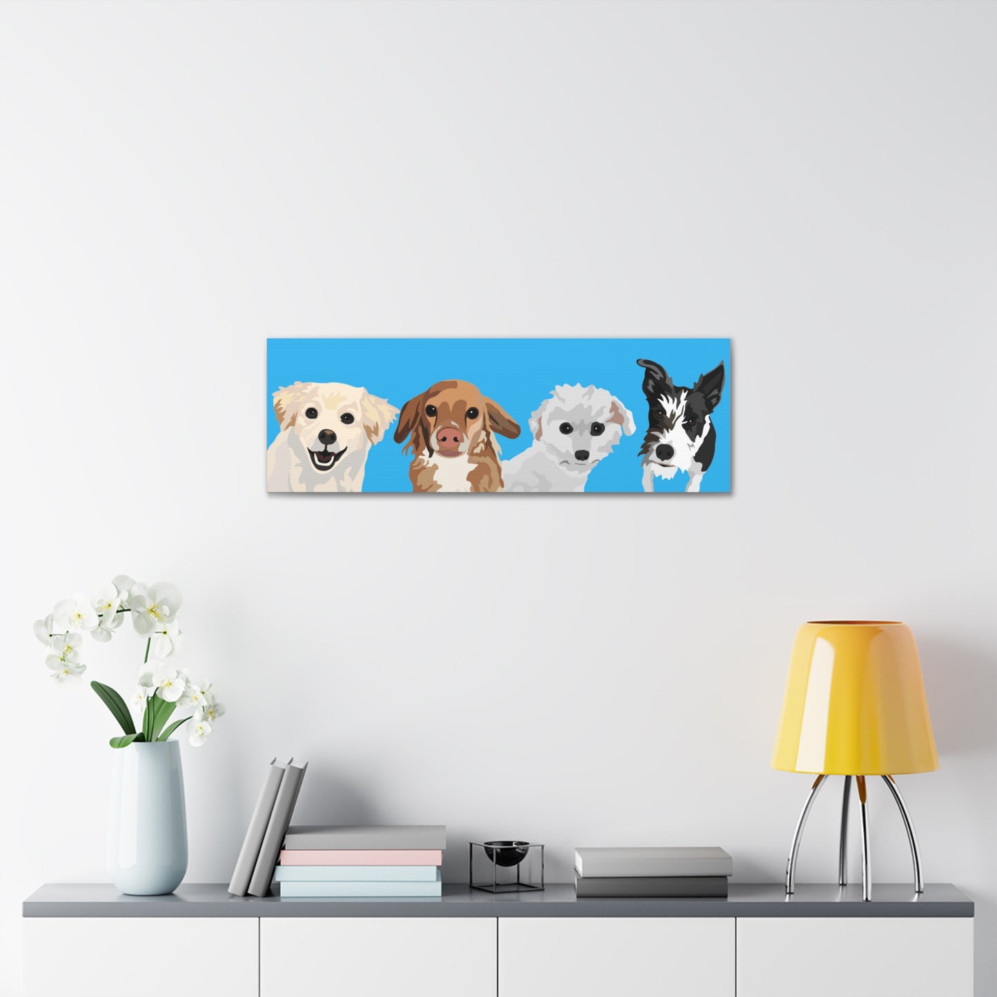 Four Pets Portrait on Canvas - 12"x36" Horizontal | Caribbean Blue Background | Custom Hand-Drawn Pet Portrait in Cartoon-Realism Style