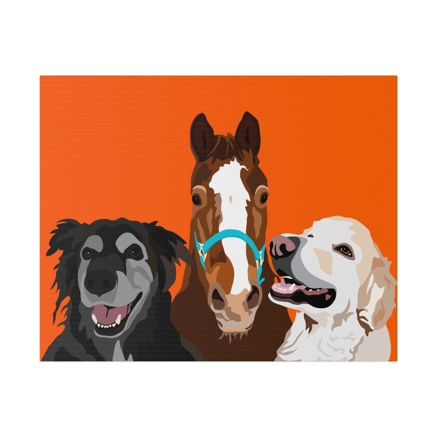 Three Pet Portrait on Canvas - Stacked Design | Orange Background | Custom Hand-Drawn Pet Portrait in Cartoon-Realism Style