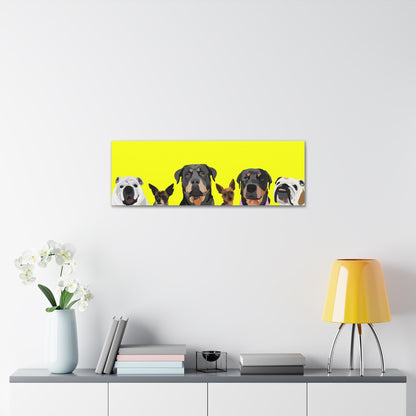 Six Pets Portrait on Canvas - 12"x36" Horizontal | Yellow Background | Custom Hand-Drawn Pet Portrait in Cartoon-Realism Style