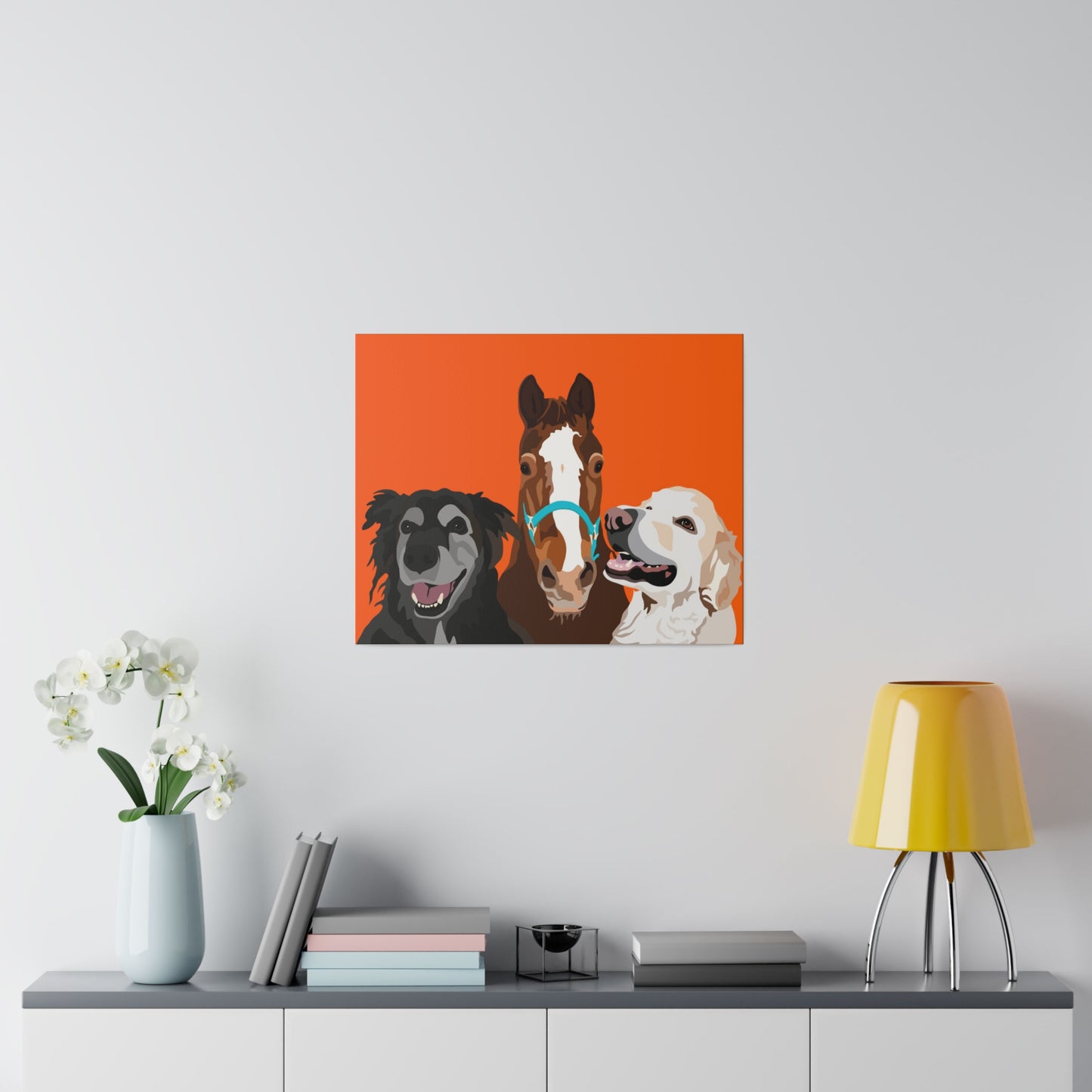 Three Pet Portrait on Canvas - Stacked Design | Orange Background | Custom Hand-Drawn Pet Portrait in Cartoon-Realism Style