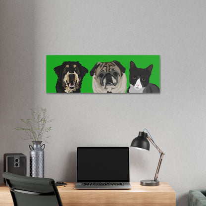 Three Pets Portrait on Canvas - 12"x36" Horizontal | Green Background | Custom Hand-Drawn Pet Portrait in Cartoon-Realism Style