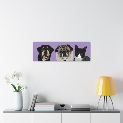 Three Pets Portrait on Canvas - 12"x36" Horizontal  | Lavender Purple Background | Custom Hand-Drawn Pet Portrait in Cartoon-Realism Style