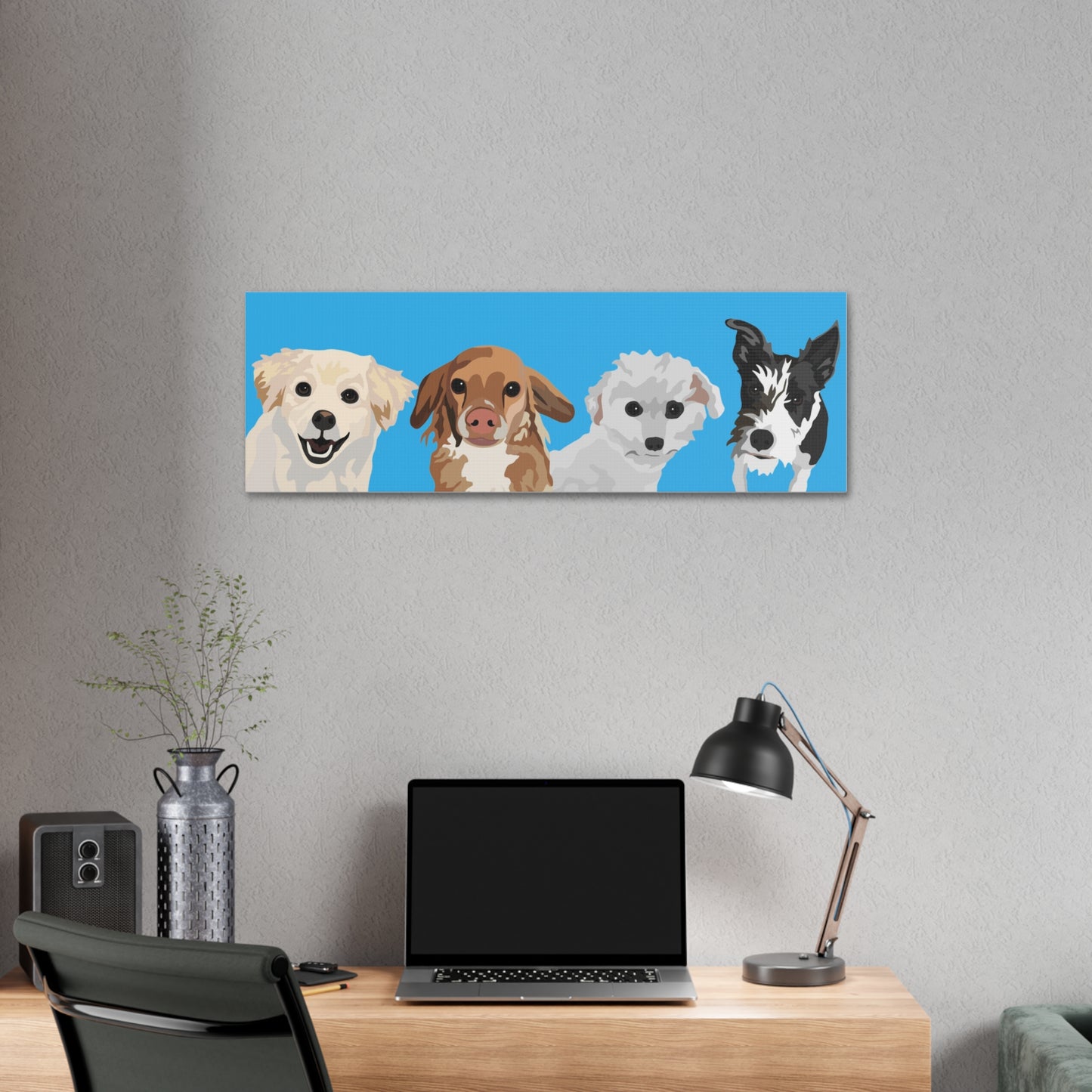 Four Pets Portrait on Canvas - 12"x36" Horizontal | Caribbean Blue Background | Custom Hand-Drawn Pet Portrait in Cartoon-Realism Style