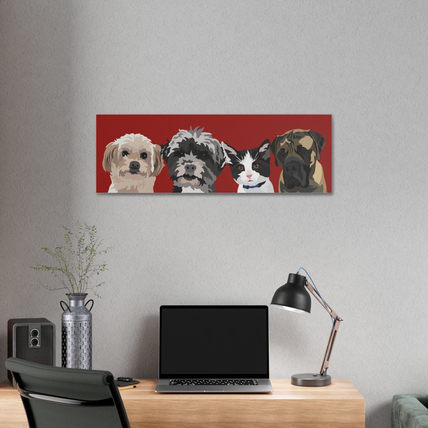 Four Pets Portrait on Canvas -12"x36" Horizontal | Brick Red Background | Custom Hand-Drawn Pet Portrait in Cartoon-Realism Style