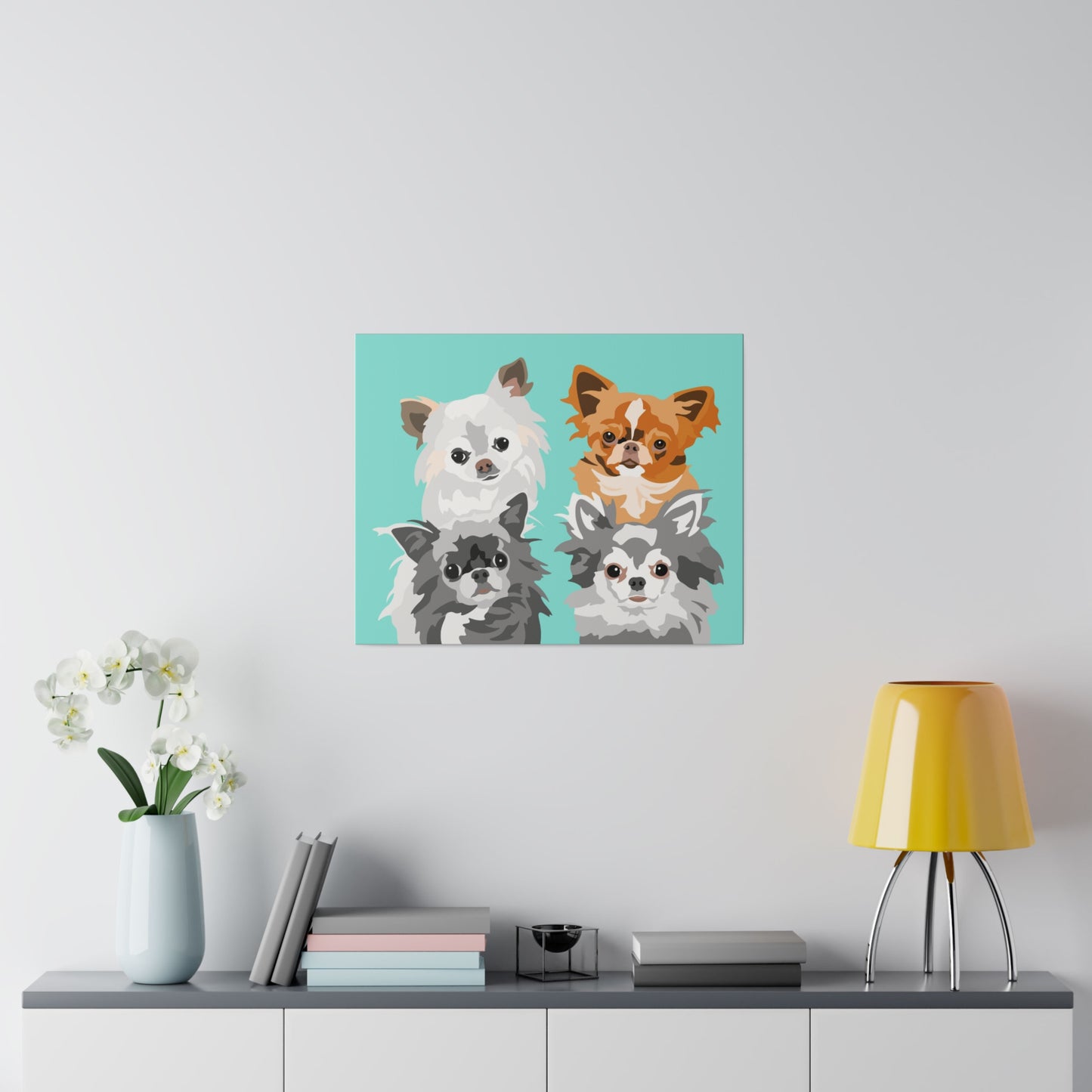 Four Pet Portrait on Canvas - Stacked Design | Teal Background | Custom Hand-Drawn Pet Portrait in Cartoon-Realism Style