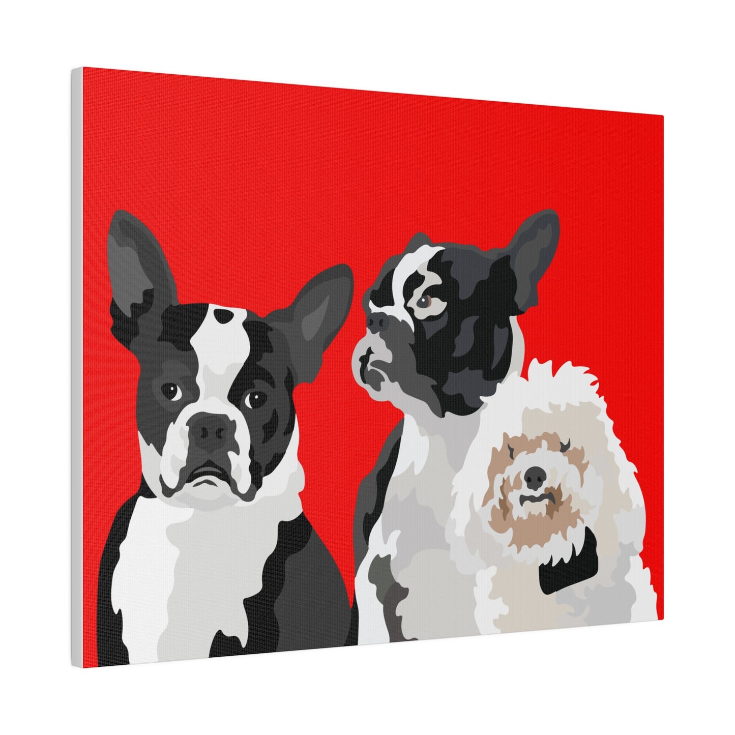 Three Pet Portrait on Canvas - Stacked Design | Red Background | Custom Hand-Drawn Pet Portrait in Cartoon-Realism Style