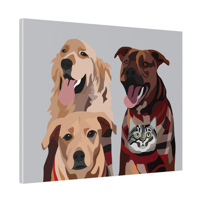 Four Pet Portrait on Canvas - Stacked Design | Light Grey Background | Custom Hand-Drawn Pet Portrait in Cartoon-Realism Style