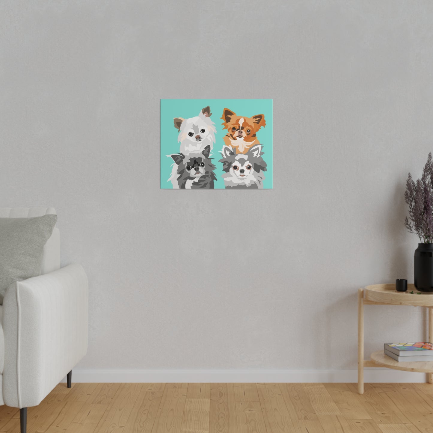 Four Pet Portrait on Canvas - Stacked Design | Teal Background | Custom Hand-Drawn Pet Portrait in Cartoon-Realism Style