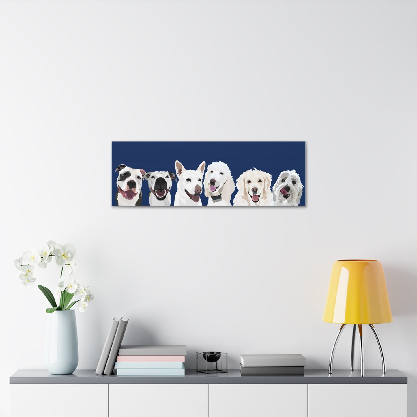 Six Pets Portrait on Canvas - 12"x36" Horizontal | Navy Blue Background | Custom Hand-Drawn Pet Portrait in Cartoon-Realism Style