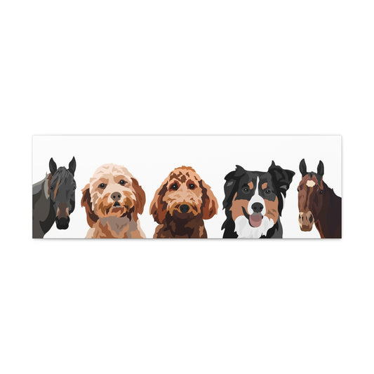 Five Pets Portrait on Canvas - 12"x36" Horizontal | White Background | Custom Hand-Drawn Pet Portrait in Cartoon-Realism Style