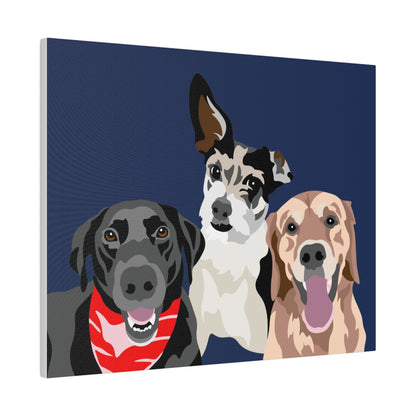 Three Pet Portrait on Canvas - Stacked Design | Navy Blue Background | Custom Hand-Drawn Pet Portrait in Cartoon-Realism Style