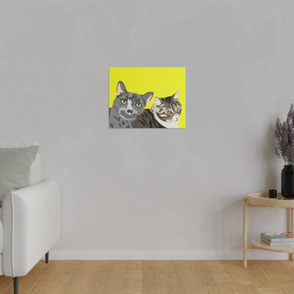 Two Pet Portrait on Canvas | Yellow Background | Custom Hand-Drawn Pet Portrait in Cartoon-Realism Style