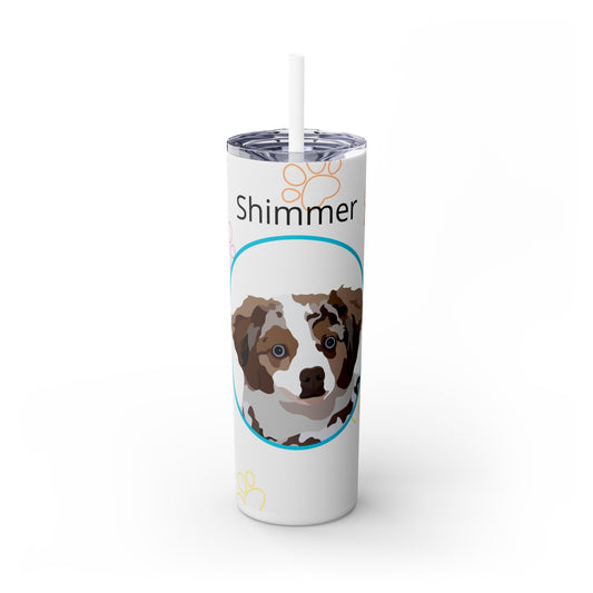 One Pet | White with Blue Circle Frame and Colorful Paw Print Outlines | Skinny Tumbler with Straw, 20oz with Personalized Name