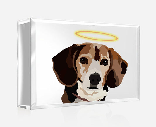 One Pet Portrait on Crystal Photo Block - Memorial - Halo | Custom Hand-Drawn Pet Portrait in Cartoon-Realism Style